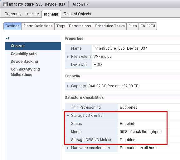 Data Placement and Performance in vsphere Figure 181 Storage I/O Control enabled on datastore in the vsphere Web Client Storage I/O Control resource shares and limits The second step in the setup of