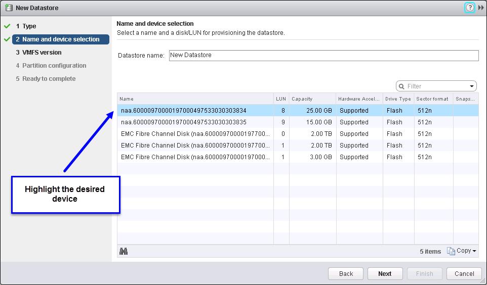 VMware vsphere and EMC VMAX Figure 9 Provisioning a new datastore in the vsphere Client Disk/LUN It is important to note that devices that have existing VMFS volumes are not presented on this screen