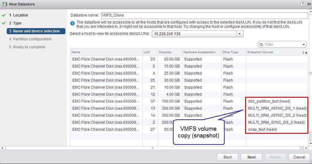 Cloning of vsphere Virtual Machines Figure 202 Mounting a VMFS volume copy using the Add Storage wizard in the vsphere Web Client Once the device with the replicated VMFS volume is selected the