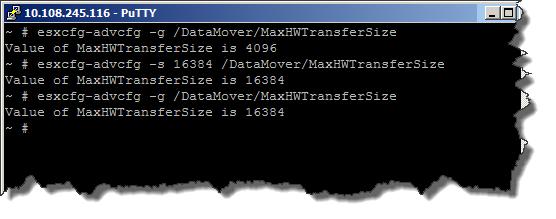 Cloning of vsphere Virtual Machines Value of MaxHWTransferSize is 4096 # esxcfg-advcfg -s 16384 /DataMover/MaxHWTransferSize Value of