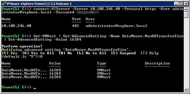 212 Changing the default copy size for Full Copy on the ESXi host Alternatively, vsphere PowerCLI can be used at the vcenter level to change the