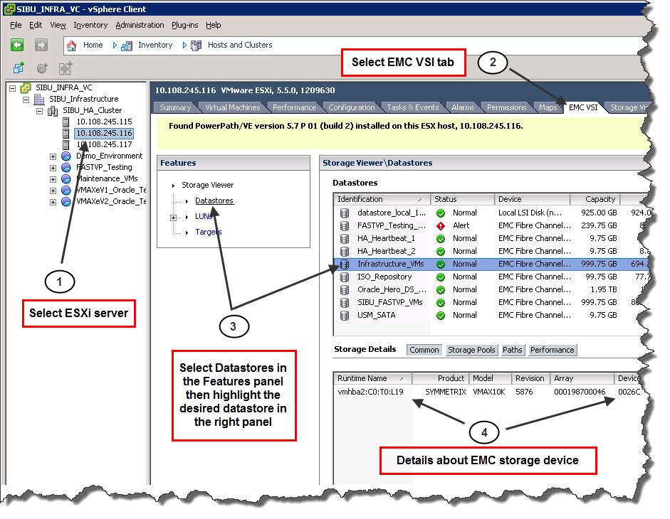 VMware vsphere and EMC VMAX The datastore subview of the ESXi context view, as seen in Figure 14, provides detailed information about EMC storage associated with the datastore visible on the selected