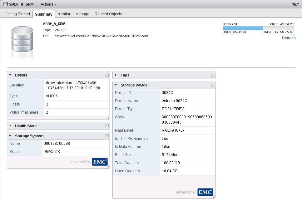 VMware vsphere and EMC VMAX VSI for vsphere Web Client Like VSI Classic, the VSI Web Client provides simple, storage mapping functionality for EMC storage-related entities including datastores, RDMs,