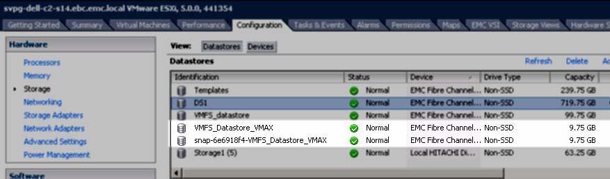 Disaster Protection for VMware vsphere Figure 267 shows an example of this. In the screenshot, there are two highlighted volumes, VMFS_Datastore_VMAX and snap-6e6918f4-vmfs_datastore_vmax.