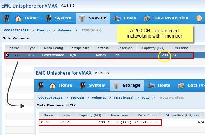 VMware vsphere and EMC VMAX Figure 19 Concatenated metavolume before expansion with Unisphere for VMAX With Solutions Enabler, to add additional members to an existing concatenated metavolume, use