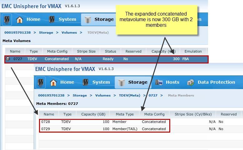 VMware vsphere and EMC VMAX Figure 21 shows the metavolume after it has been expanded with Unisphere which is now 300 GB in size.