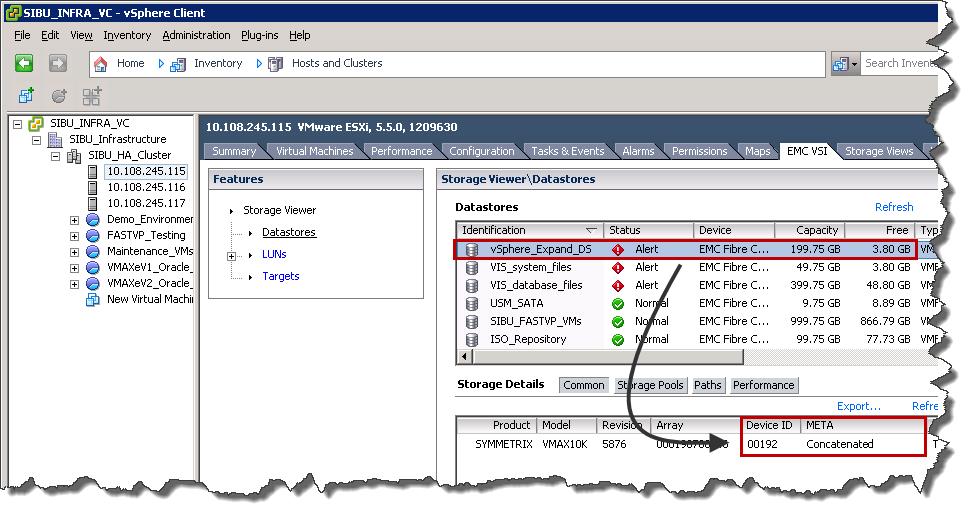 VMware vsphere and EMC VMAX Figure 25 VMFS datastore before being grown using VMFS Volume Grow 2. The first step in the expansion process is the identification of the metavolume that hosts the VMFS.