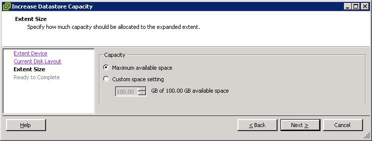 VMware vsphere and EMC VMAX 6. The option to use only part of the newly available space is offered.