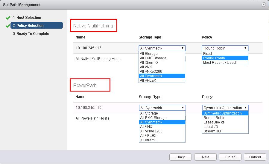 VMware vsphere and EMC VMAX Figure 43 Setting multiple policies for different EMC devices in VSI Web Client NMP Round Robin and the I/O operation limit The NMP Round Robin path selection policy has a