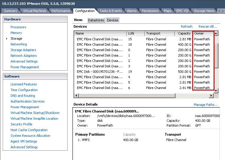VMware vsphere and EMC VMAX Figure 48 Viewing the multipathing plug-in owning a device in vsphere Client In the vsphere Web Client this view, shown in Figure
