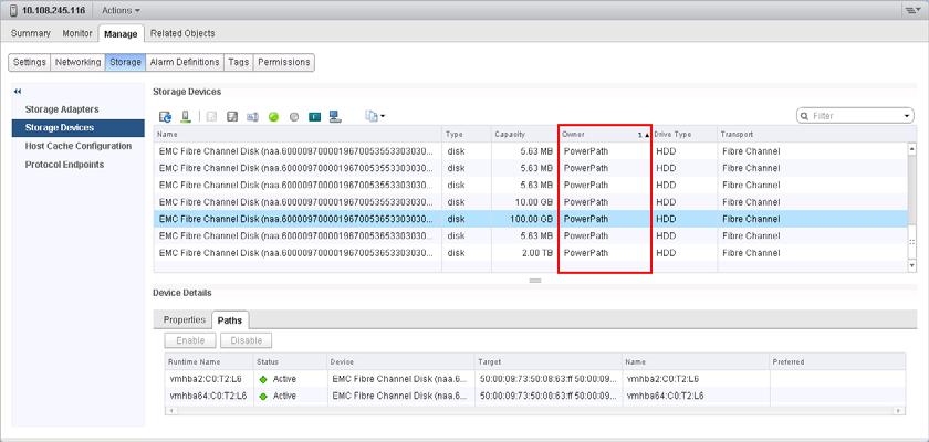 VMware vsphere and EMC VMAX Figure 49 Viewing the multipathing plug-in owning a device in vsphere Web Client The Storage Viewer feature of VSI can also be used to determine if a device is under