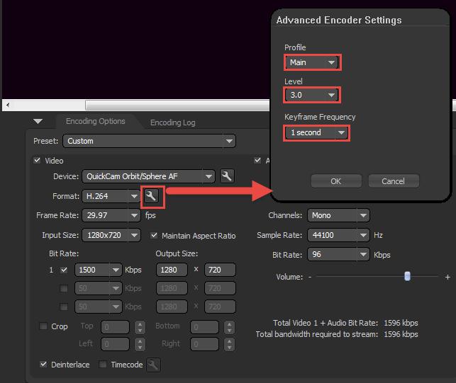 Step 3 For Format Advanced, click on the tool icon next to Format: H.264 and set the advanced settings as follows: Profile = Main Level = 3.