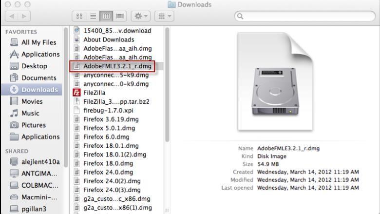 Mac OSX Step 4 When finished downloading, double click AdobeFMLE3.2.dmg in Downloads list.