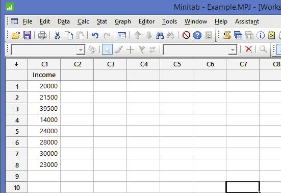 5 The worksheet is set up as follows: Select Stat, Basic Statistics, Display Descriptive Statistics Double click variable Income