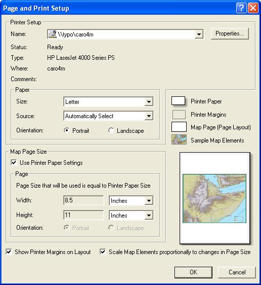 Page and Print Setup Use Printer Page settings to prevent clipping of map or to match the printer page to the map page Use Scale Map