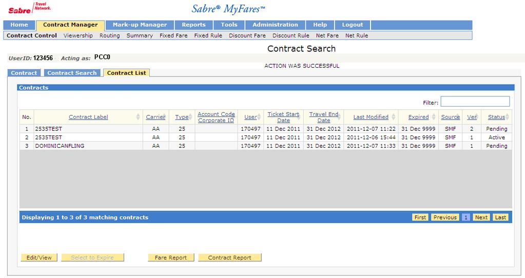To access from the Contract List screen of Contract Manager, select Fare Report or Contract Report.