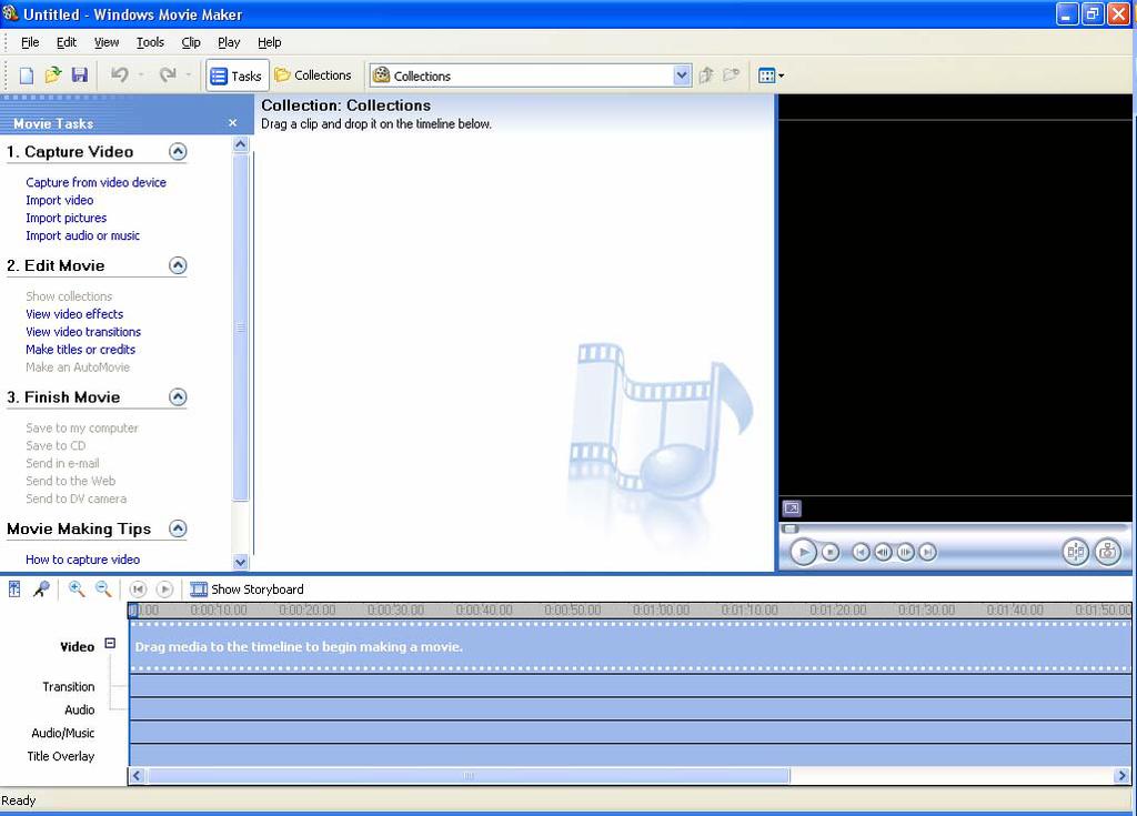 Windows Movie Maker The Menu Bar The Menu Bar gives access to all parts of the program. On the Menu Bar, click on File.