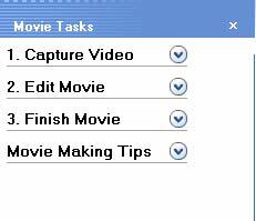 The Task Pane The Task Pane lists choices for actions. The four areas are: 1. Capture Video Capture from a video device or import video, pictures, audio or music. 2.