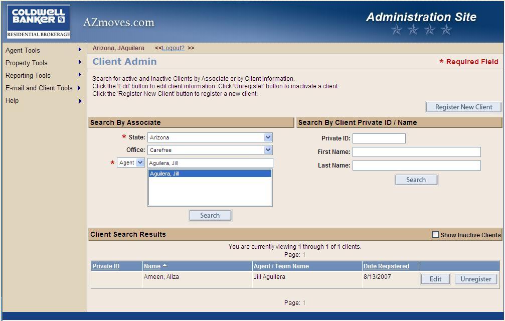 Client Admin Screen This page allows you to view both active and inactive clients in order to unregister them or edit their accounts and also to start the process for registering a new client.