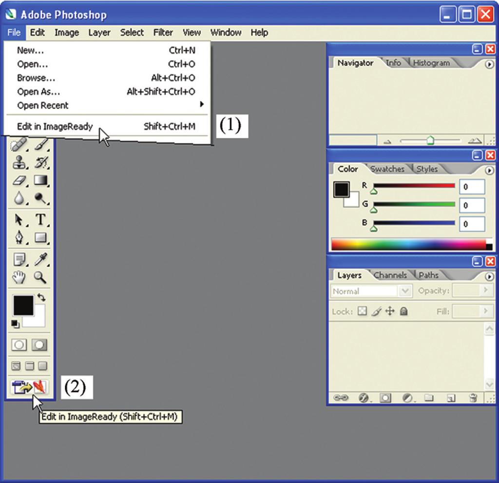 Fig. 1 Launch of dobe ImageReady (dobe product screen shots reprinted with permission from dobe Systems Incorporated).