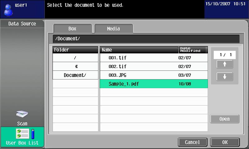 6 Image Panel Load from external memory 1 Select the Media tab in the User Box List screen to display a list of documents in the external memory.
