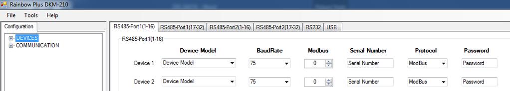 software has two configuration tabs Device selection is done from DEVICES tab If the device to poll is connected to the RS-485-1 port, then the device model must be selected from RS- 485-1 Port tabs