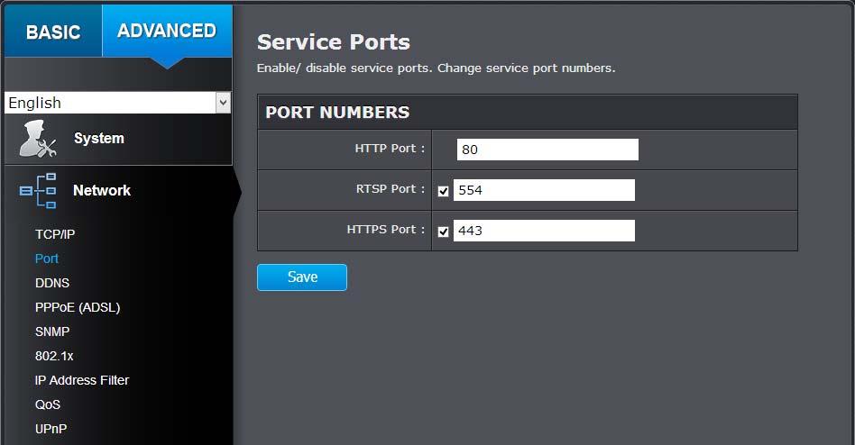Port You can change the service ports number of the camera or disable RTSP or HTTPS services.