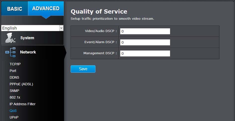 QoS, Quality of Service Setup traffic prioritization to help smooth out the video stream. You can set the Differentiated Services Code Point (DSCP) bits on outgoing data streams.