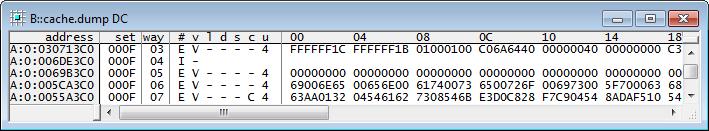 DUMP windows is explained in the following table: Data field address set way Meaning Physical address of the cache line. The address is composed of cache tag and set index.