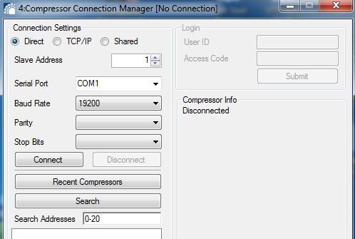 clock (RTC) with a personal computer (PC) clock, and view a list of recent compressor connection settings.