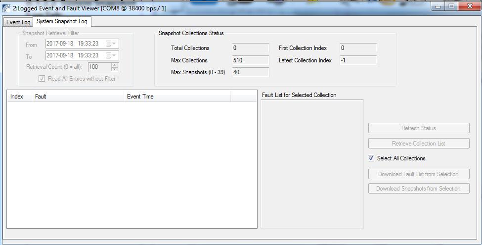 Logged Event and Fault Viewer 6.1.2.1 Event Log Tab Event Log Tab 1. Click Refresh Status. 2. Choose a Date Range in the Event Retrieval Filter section. 3.