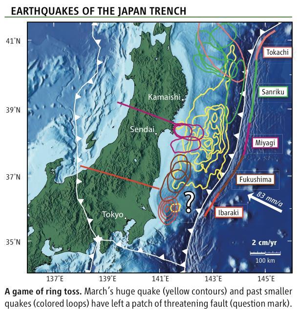 Geo Hazard : Japan earthquake - Tohoku-oki: unprecedented >50 m slip in places (Simons et al., Science 2011, NASAfunded study). - Will another magnitude 9 occur further south?