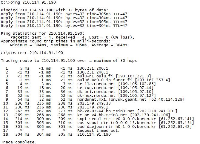3.3.1.4 EU KR ping without LTE access via public internet For comparison a ping test was also done using public internet connection. Results are shown in Figure 31.
