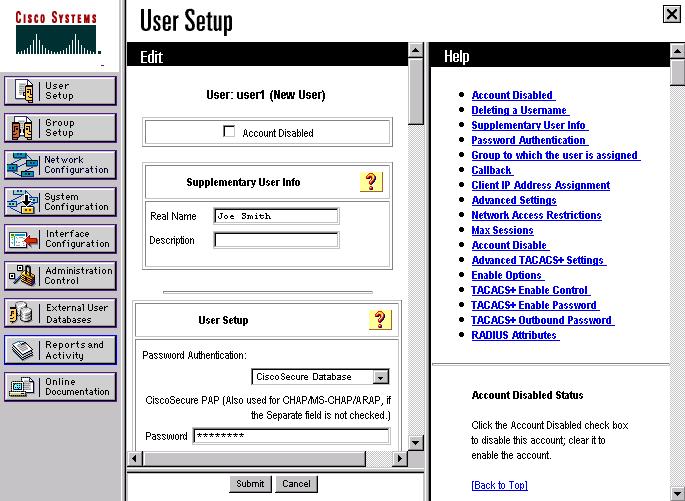 How to Add Users to CSACS-NT 2002, Cisco Systems, Inc. www.cisco.com CSPFA 2.1 13-15 Step 1 Step 2 To add users to the CSACS, complete the following steps: Click User Setup from the navigation bar.