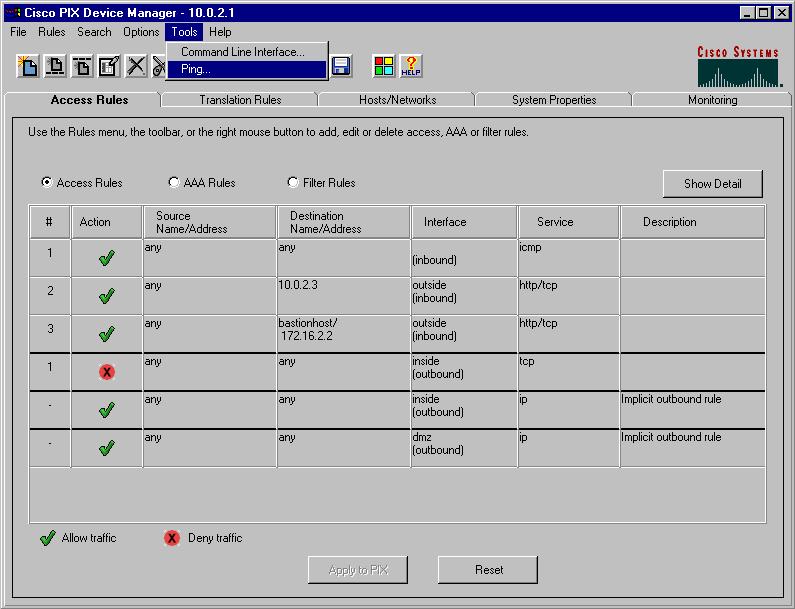 Ping Tool This panel provides a ping tool which is useful for verifying the configuration and operation of a PIX Firewall and surrounding communication s links, as well as the