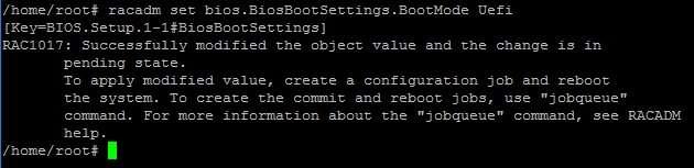 Figure 2 Setting Boot Mode in RACADM. When the system powers on with Boot Mode set to UEFI, the BIOS provides a list of available UEFI boot options.