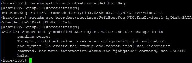 Figure 4 UEFI Boot Order Configuration in RACADM. 4.2 UEFI Boot from Local Media As a general rule, operating systems installed in a traditional BIOS environment will not be bootable in UEFI boot mode.