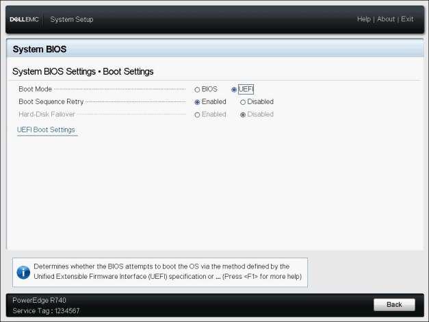 4 Configuration Settings for UEFI Boot Mode This section provides an overview of the configuration changes needed to operate a Dell EMC PowerEdge server in UEFI Boot Mode.
