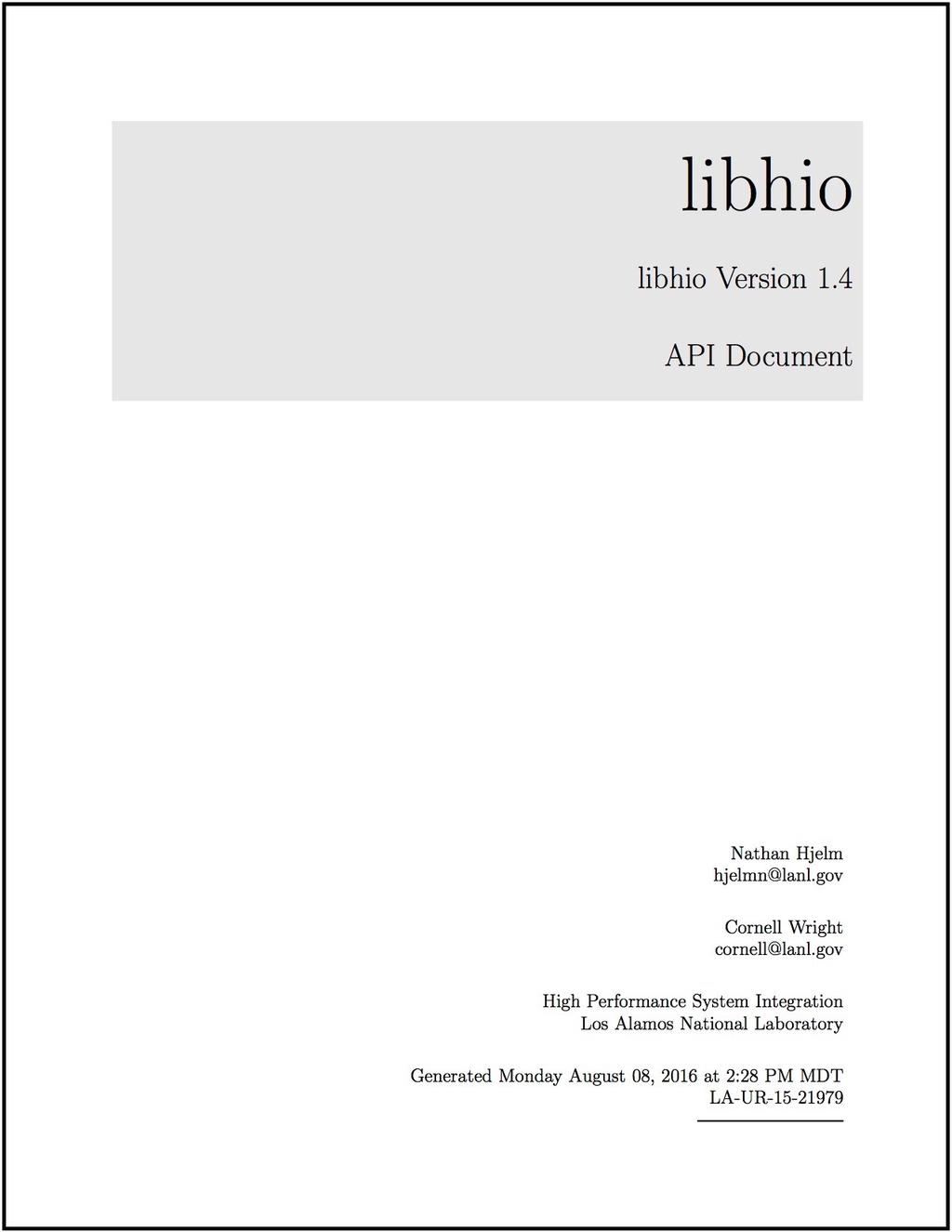 libhio Document - API Document - User s Guide Library