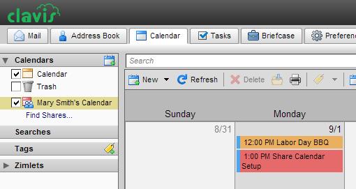e. Select the Calendar Tab. The newly-shared calendar should be listed on the left column, and the activities of the shared calendar should be displayed in the calendar area on the right.