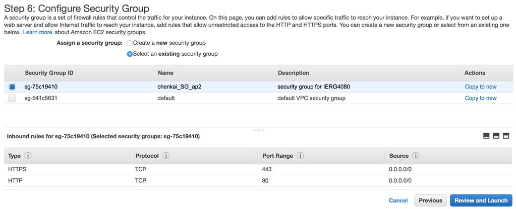 6. On the Configure Security Group page, ensure the Select an existing security group option is selected.