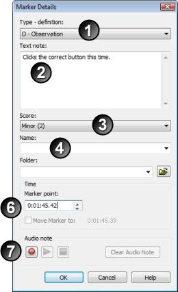 If you do not select a folder, the marker is saved in the default Marker folder for the recording in the Project pane. Adjust the time for the marker, if needed. Add an audio note, if needed.