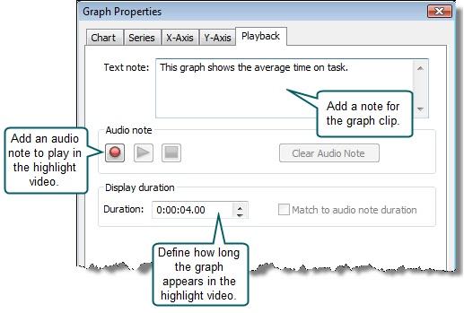 1. Right-click on a graph in the Project pane and choose Properties. The Graph Properties dialog box appears. 2. In the Playback tab, click the Record button to begin recording the audio note. 3.