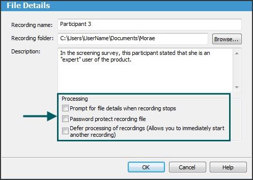 Recording Name, Recording Folder, and Description. Prompt for File Details When Recording Stops You cannot save a recording without a name.