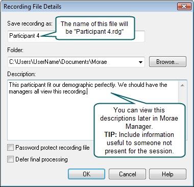 Put information in these fields to name the recording file, define the folder to save
