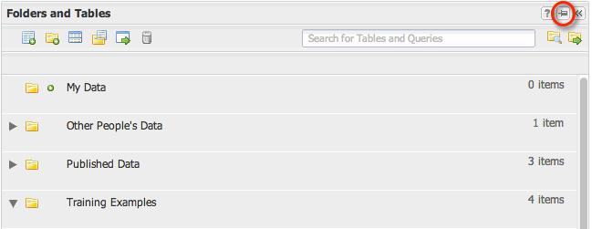 by clicking on the pin icon ( ): Folders and Tables Toolbar The Folders and Tables toolbar allows you to perform actions such as uploading tables, creating subfolders, and moving or