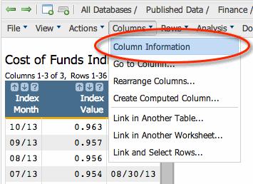 click Columns > Column Information from the menu bar of the 1010data web interface.