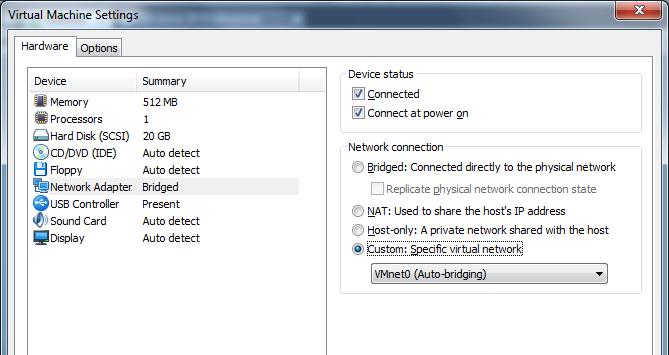 Select the VM>Settings menu option, and then click on Network Adapter as shown below.