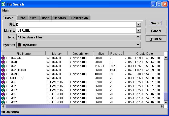 File Search iseries database objects (physical files, logical files, tables, indexes) can be found quickly using the comprehensive File Search feature in Surveyor/400.