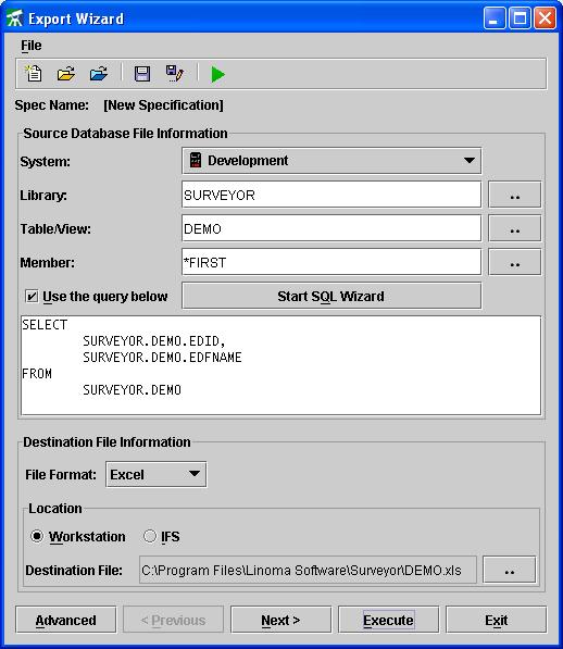 File Transfer Export Wizard Surveyor/400's Export Wizard allows you to quickly select and export (download) database records using intuitive graphical wizards.